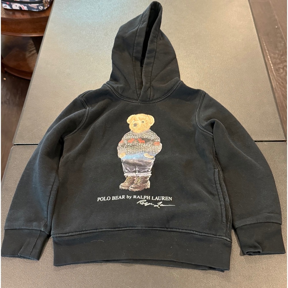 Polo Ralph Lauren Kids Size 5 Hoodie Black Polo Bear Graphic Fleece Pullover